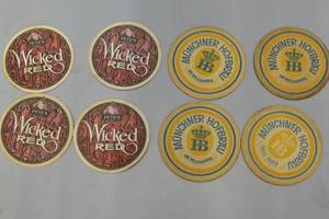 lot 16 image: double sided Munchner Hofbrau & Petes Wicked Red beer coasters