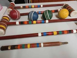 lot 11 image: Wooden Croquet Set 4-Mallets, only 1 Stake, 4-Balls, and 6 Wire Hoops