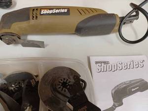 lot 19 image: Two Oscillating Tools with Blades, Rockwell Electric and a Chicago Cordless