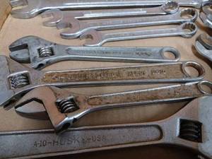 lot 26 image: Box of 22 Assorted Combination Wrenches, Fuller No.10 Adjustable and More