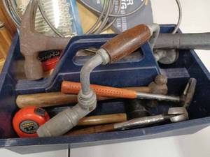 lot 31 image: 2-Containers of Tools and Hardware Items Fiskars Hand Drill, Adjustable Wrenches