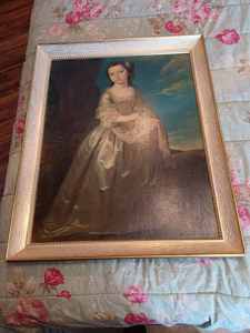 lot 53 image: Picture of an Early American Woman Gathering Flowers, Picture with Frame 25.5-inches X 31.5