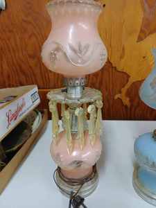 lot 64 image: 3-Ornate Vintage Table Lamps with Plastic Prisms (Some Missing) Lamp with Frosted Glass Needs New Cord