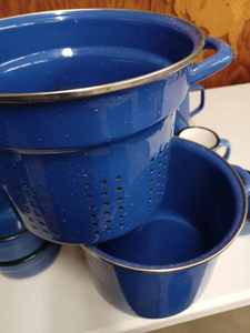 lot 67 image: Assorted Blue Granite Colored Stoneware Mugs, Chili Bowls, And Coffee Pot - Coffee Pot Never Used