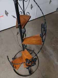 lot 84 image: Wrought Iron and Wood Lighted Plant Stand - Works but is missing a Plastic Pane in the Light Fixture