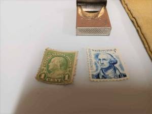lot 97 image: Vintage Metal Postage Stamp Container, 1-cent Franklin Stamp, 5-cent Washington Stamp and More