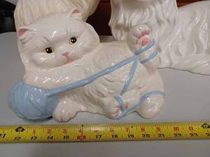 lot 98 image: Three Large Ceramic Cats 1 is 17-inches Long (Has a Chipped Ear), 1 is 14-inches Tall, and Small Cat is 12-inches