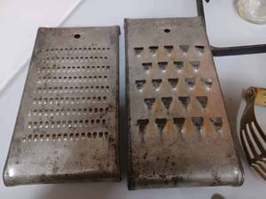 lot 99 image: Wicker Basket of Vintage Kitchen Items 2 Rapid Graters, Several Red and Green Handled Utensils