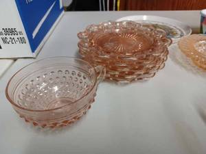 lot 108 image: Vintage Glassware 6 Ornate Pink Depression Saucers, Round Pink Depression Dish, Pink Hobnail Pattern Cup