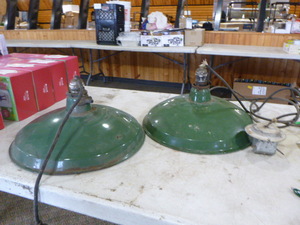 lot 53 image: 2 Vintage Green Porcelain Enamel Metal Light Shades