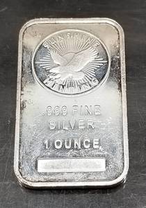 1 TROY OZ .999 FINE SILVER BAR SUNSHINE MINTING