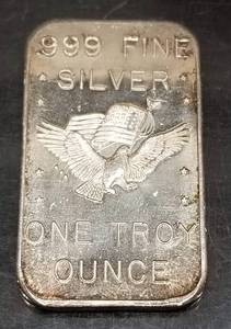 VINTAGE 1 TROY OZ .999 FINE SILVER BAR US ASSAY OFFICE SAN FRANCISCO