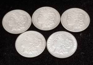 GROUP OF 5 US MORGAN SILVER DOLLARS 1921 X 5 VF-AU