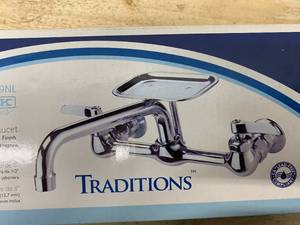 lot 64 image: B&K FAUCETS 123-009NL Wall Mount Kitchen Faucet with Soap Dish