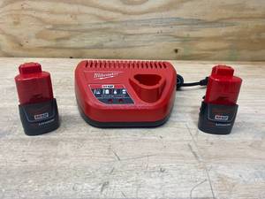 lot 69 image: MILWAUKEE M12 12-Volt Lithium-Ion Battery Charger with 2- M12 12-Volt Lithium-Ion Compact Battery Packs (1.5Ah)