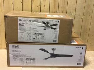 Hampton Bay Midili 44 in. Indoor LED Brushed Nickel Dry Rated Ceiling Fan with 5 Reversible Blades, Light Kit and Remote Control PLUS Home Decorators Collection Wesley 52 in. IndoorOutdoor Greywood DC Motor Ceiling Fan with Remote Control