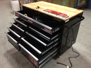 46 in. W x 24 in. D 9-Drawer Gloss Black Deep Tool Chest Mobile Workbench with Hardwood Top by Husky Slightly Scratched and Damaged See Pictures