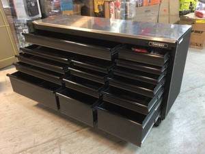 Heavy-Duty 72 in. W 15-Drawer, Deep Tool Chest Mobile Workbench in Matte Black with Stainless Steel Top and Dual Locks by Husky No Keys some scratches&nbsp Customer Returns See Pictures