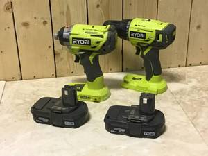 lot 18 image: Ryobi 18-Volt ONE Lithium-Ion Cordless DrillDriver AND Impact DRiver with 2 Batteries No Charger customer return see pictures