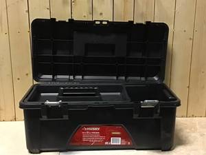 lot 36 image: Husky 26 in. Plastic Portable Tool Box with Metal Latches in Black Customer Returns See Pictures