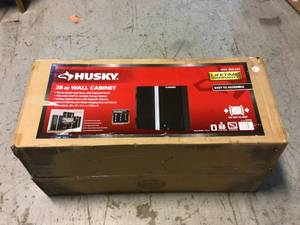 lot 47 image: Husky Ready-to-Assemble 24-Gauge Steel Wall Mounted Garage Cabinet in Black (28 in. W x 29 in. H x 12 in. D) Customer Returns See Pictures