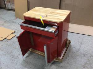 Ready-to-Assemble 23-Gauge Steel 1-Drawer 2-Door Garage Base Cabinet in Red (28 in. W x 33 in. H x 18 in. D) by Husky Customer Returns See Pictures