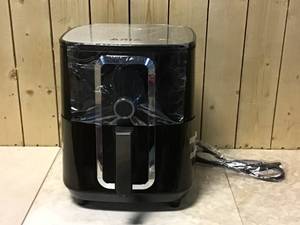 lot 18 image: Aria Teflon-Free 7Qt Family-Size Ceramic Air Fryer with 2-Tier Stainless Steel Rack, Baking Pan, Skewers, and Recipe Book Customer Returns See Pictures