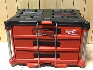 lot 49 image: Milwaukee PACKOUT 22 in. Modular 3-Drawer Tool Box with Metal Reinforced Corners Customer Returns See Pictures
