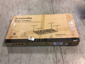 lot 73 image: FLEXIMOUNTS Black Adjustable Height Steel Overhead Garage Storage Rack (48 in. W x 72 in. D) Customer Returns See Pictures