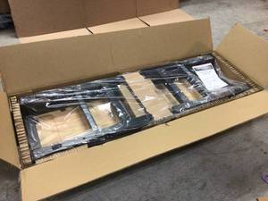 lot 107 image: 6 ft. Adjustable Height Solid Wood Top Workbench in Black for Heavy Duty Welded Steel Garage Storage System by Husky Customer Returns See Pictures