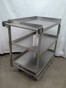 lot 20 image: MSRP $1800 Lakeside Mfg Imperial Heavy Duty Stainless Steel 3-Shelf Storage Cart With 3 Sided Guard Rail On Each Shelf - Great Rolling Condition
