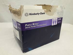 lot 54 image: Manikin Face Shields, Gause Pads, and Kimberly-Clark Purple Nitrile Sterile Powder-Free Exam Gloves KC500 Latex-Free