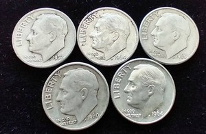 5 90% Silver Roosevelt Dimes