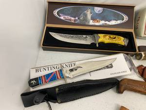 Group of knives and hatchet. two knives homemade.