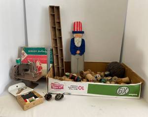 Vintage Singer kids sewing machine, thread spools & more