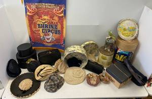 Vintage hats, handbags, Circus poster and advertising containers