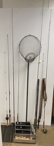 Vintage tackle box, Poles, Fly rods and metal landing net