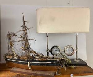 Vintage wooden ship model and unique double lamp