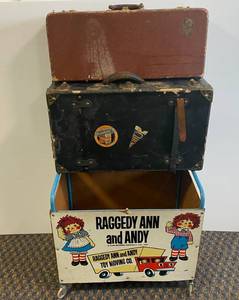 Two vintage travel trunks and Raggedy Ann & Andy toy box