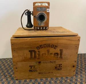 Vintage wooden whiskey crate and decanter
