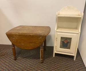 Childs drop leaf table and vintage wooden cabinet
