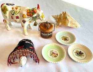 Lot of Lovely Home Goods-Cow Piggy Bank, Small Saucers, Sea Shell and More