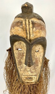 lot 7 image: Fang Ngil Carved Wood Helmet Mask With Long Raffia Beard - Gabon