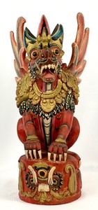 lot 9 image: Carved Wooden Polychrome Singa Barong Balinese Winged Lion - 19 Tall