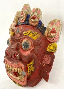 lot 19 image: Vintage Red Hand-Carved Wooden Mahakala Mask #1 - BuddhistHindu