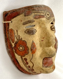 lot 25 image: Antique Clay Guatemalan Patrona Polychrome Dance Mask w Painted Flowers on Cheeks