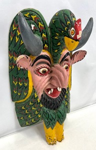 lot 38 image: Large Vintage Colorful Mexican Dance Mask - Devil w Horns w Parrot in Background - 21 Tall