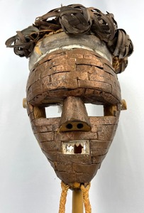 lot 43 image: Salampasu Warrior Mask w Copper Strips and Round Rattan Balls- DRC