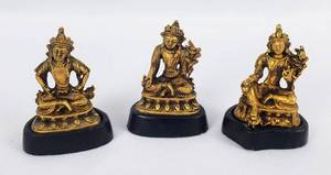 lot 104 image: Three Vintage Brass Thai Buddhist Statues and Cloisonne Polished Vase- China