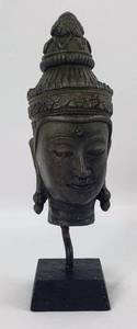 lot 115 image: Thailand Bronze Buddha Head Presented on Wooden Base